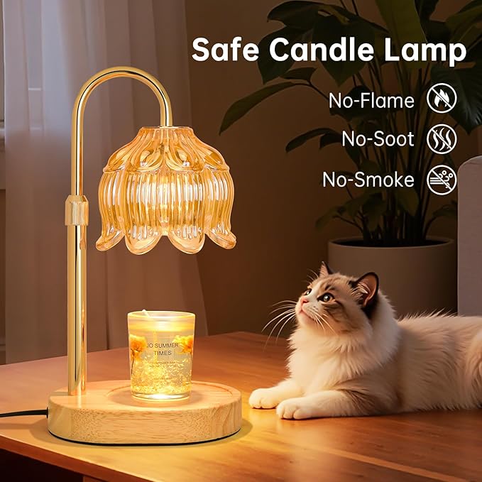 Candle Warmer lamp with Timer Dimmer,Electric Candle Warmer, Vintage Flower Lotus lamp,Compatible with Various Candles, Gifts for Mom Women,Candle Lamp for Bedroom Home Decor (Flower lamp-Amber)