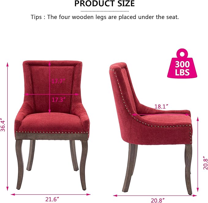 Farmhouse Dining Chairs Set of 6, Upholstered Fabric Dining Room Accent Chairs with Wood Legs & Bronze Nailhead, High Wingback Kitchen Chairs for Living Room Hotel Apartment, Burgundy