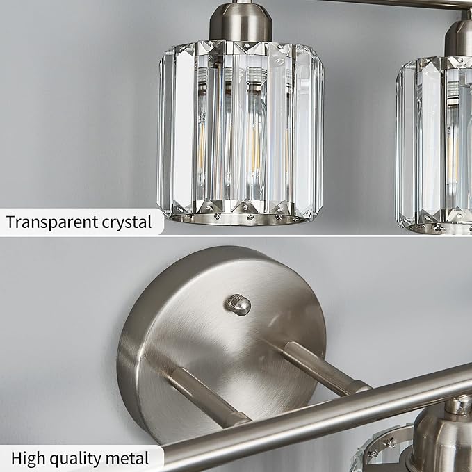 Modern 4 Light Crystal Vanity Light, Brushed Nickel Vertical Bathroom Light Fixture Over Mirror for Dressing Table Sink, Compatible with Dimmable Bulbs (Bulbs Not Included)