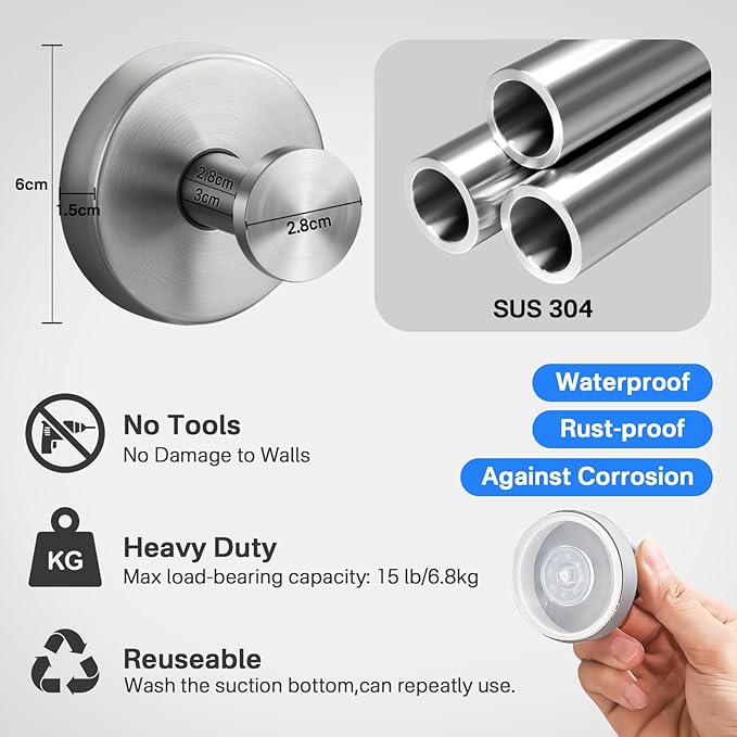 Suction Cup Hooks Stainless Steel Shower Hooks No Drill Towel Hooks Removable Wreath Hanger for Front Door, Bathroom Wall, Kitchen, Glass, Mirror (2 Pack)