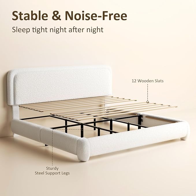 King Bed Frame, Teddy Velvet Boucle Bed Frame with 43.3"/45.3" Adjustable Upholstered Headboard, Rounded Corners, Mattress Foundation, No Box Spring Required, White
