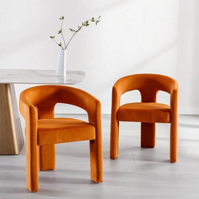 Modern Velvet Fabric Upholstered Dining Chairs with Open-Back, Cute Barrel Side Chairs Kitchen Armchair Accent Chairs for Dining Room Bedroom, Orange