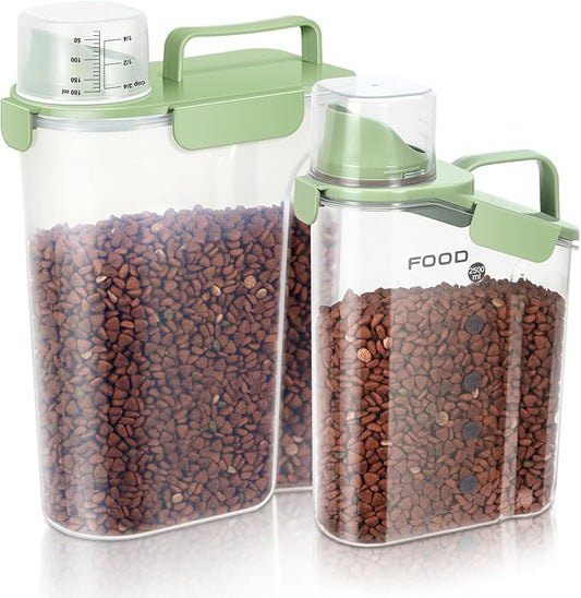 Dog Food Storage Container, Upgraded Large Nozzle BPA-free, 3-5 LBS Plastic Pet Food Storage Containers, With 4 Sealed Clasps, 1 Measuring Cup and Handle (Avocado Green (3L+5L))