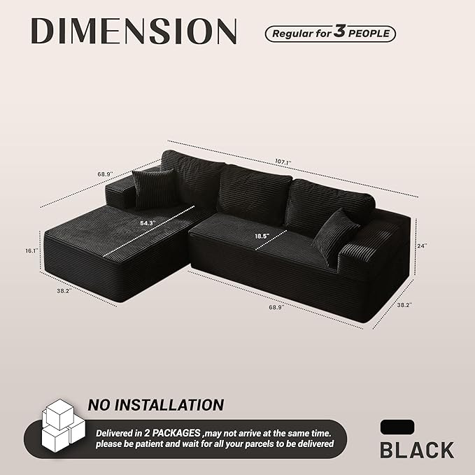 107" Boneless Couch with Deep Seat, Modular Sectional Sofa, Cloud Sectional Couch for Living Room, No Assembly Required, Corduroy, L-Shape Left?Black