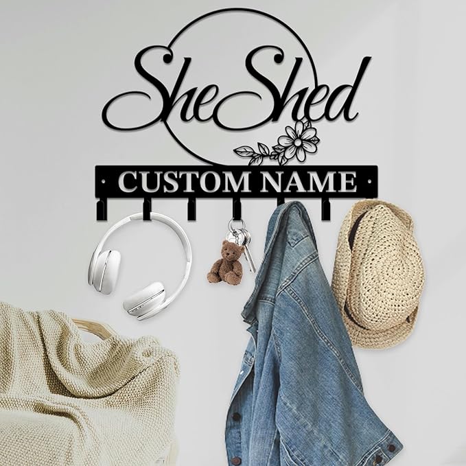 Personalized She Shed Keys Hooks,Custom Name Metal She Shed Art Keys Hooks,Metal She Shed Lover Wall Home Storage Decorative Keys Hooks,Key Holder Hooks for Wall (Style G)