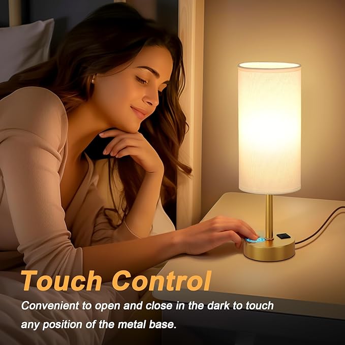 Elegant Gold Touch Table Lamp, Modern Wedding Gift for Couples, Bedside Lamps with USB-C USB-A Charging Ports, 3 Way Dimmable Small Lamp for Office, Living Room, Bathroom