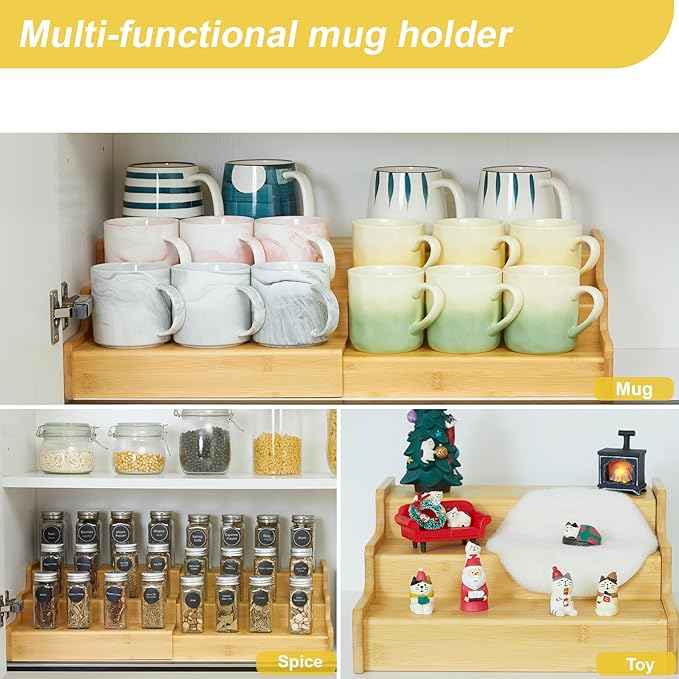 3-Tier Expandable Bamboo Mug Holder For Countertop Coffee Cup Holder Display Mug Organizer Mug Rack for Coffee Bar Organizer Mug Shelf for Cabinet for Kitchen, Home