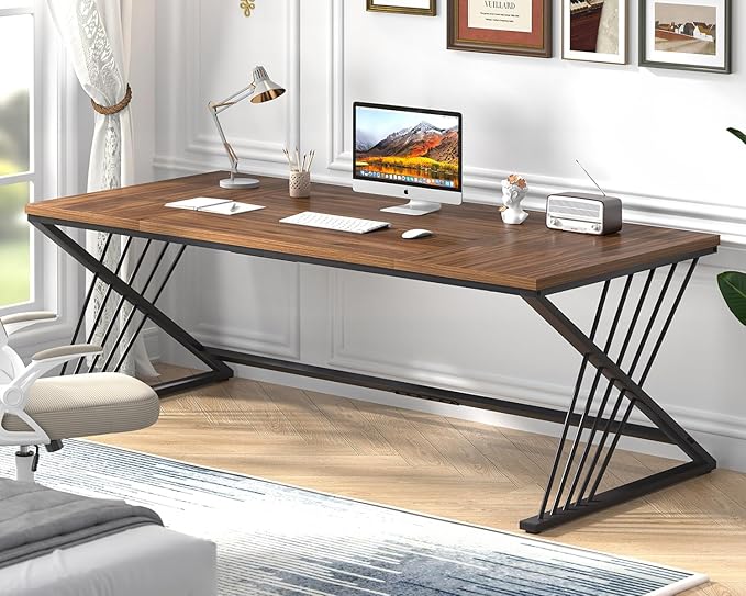FOLUBAN 70.9" Computer Desk with Z-Shaped Legs, Large PC Desk for Home Office, Industrial Writing Desk, 2 Person Executive Workstation Study Table for Bedroom, Rustic Walnut