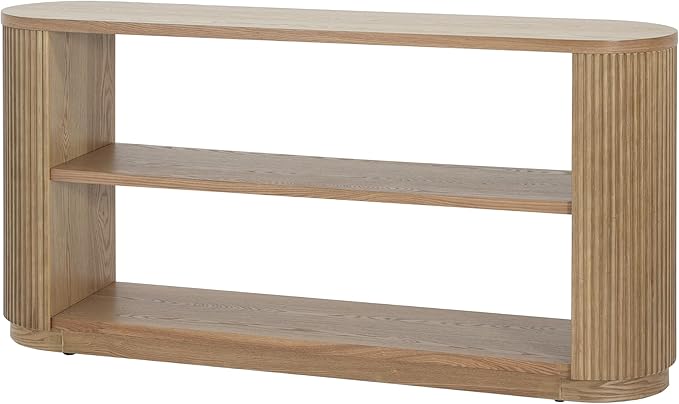 Modern Curved Console Table for Entryway, Farmhouse Solid Wood Fluted Sofa Table with Open Shelf & Elegant Wood Grain, Oval Long Foyer Table for Entry Way Hallway Living Room-58.9" Natural