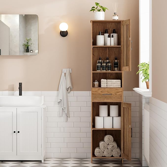 Homhedy 67" H Tall Bathroom Storage Cabinet with 2 Barn Doors and 1 Drawer, Narrow Storage Unit, Adjustable Shelves, Floor Cabinet for Bathroom, Living Room, Entryway, Kitchen, Rustic Walnut, (15.7"W)