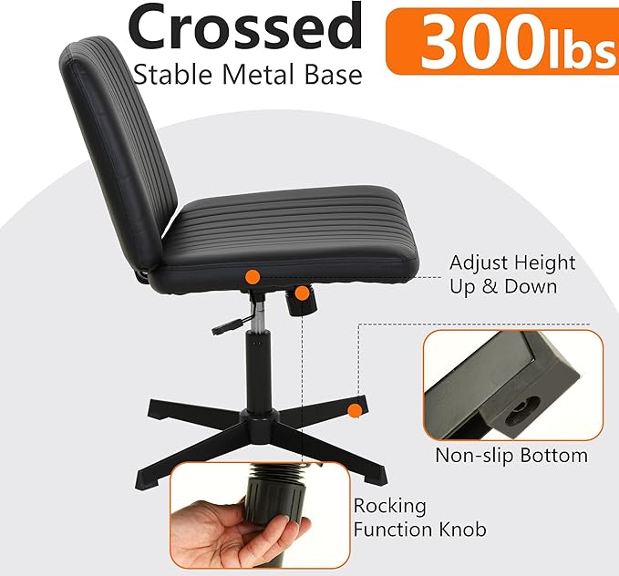 FDW Criss Cross Chair Armless Cross Legged Office Desk Chair Adjustable Swivel Ergonomic Gaming Chair No Wheels Backrest with Wide Seat Native Sponge Computer Task Vanity Chair for Home Office,Black