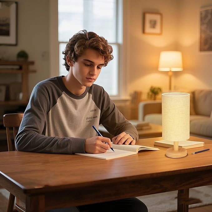 Small Table Lamp for Bedroom - Bedside Lamps for Night Stands, Minimalist Nightstand Light Lamp, Desk Lamps for Living Room, Office, Dorm(Wood Base, 10" Inline Control)