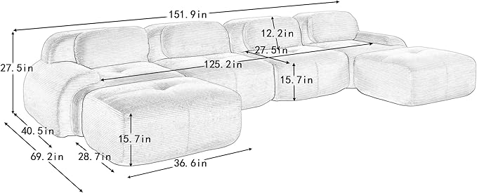 152" Modern Compressed Boneless Couch with Ottoman, 4 Seater Large U Shaped Sectional Couches for Living Room, Gray Corduroy Cloud Modular Sectional Sofa, Memory Foam, Extra Deep, No Assembly