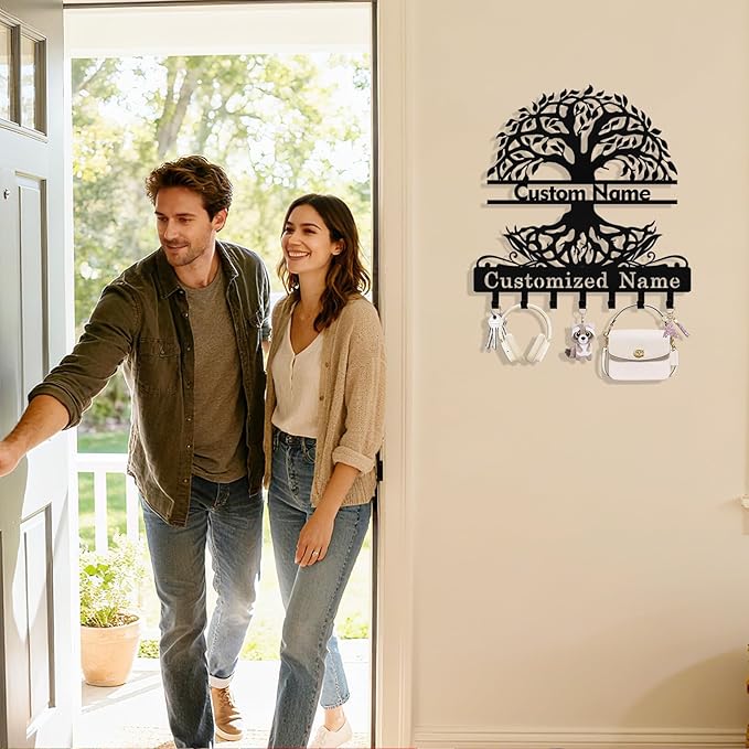Personalized Tree of Life Key Holder Wall Mount, Custom Metal Key Holder for Wall with Name, Custom Keys Rack Hanger with Hooks for Entryway, Front Door, Hallway, Living Room, Kitchen