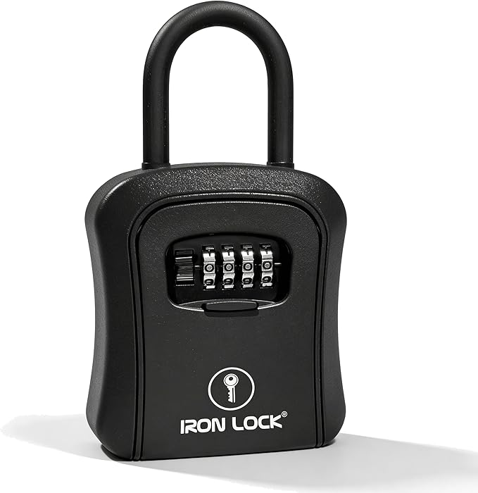 Iron Lock® Key Lock Box Portable with U-Shackle & Wall Mount – Medium Waterproof Heavy-Duty Metal Safe with 4-Digit Combination for Spare Keys Outside on Door Knob, Fence or Gate (Black, Medium)