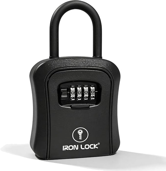 Iron Lock® Key Lock Box Portable with U-Shackle & Wall Mount – Medium Waterproof Heavy-Duty Metal Safe with 4-Digit Combination for Spare Keys Outside on Door Knob, Fence or Gate (Black, Medium)