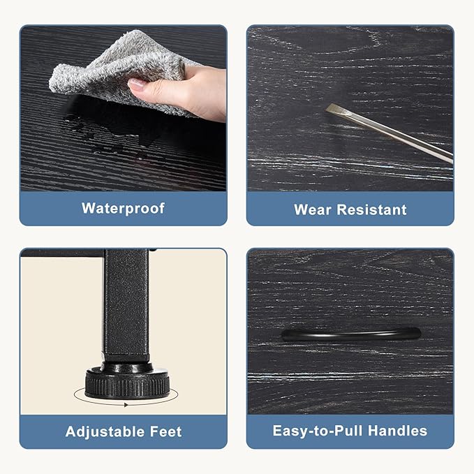 DUMOS Nightstand with 4 Drawers Bedside Table with Removable Fabric Bins Sturdy Steel Frame Wood Top Organizer Furniture for Bedroom Closet Living Room,Black Wood Grain