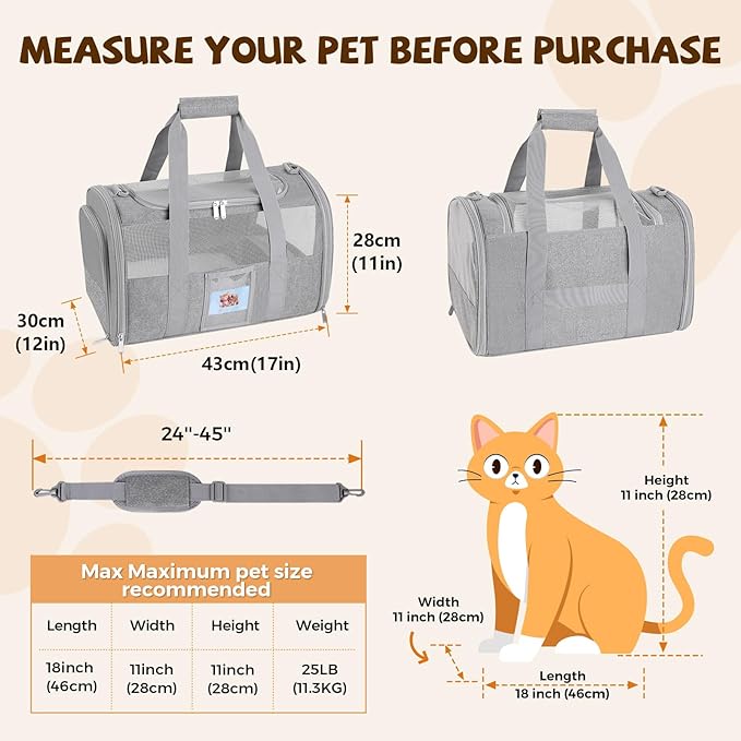 Pet Carrier 17Lx12Wx11H inches, Airline Approved,Pet Travel Carrier Bag for Small Cats and Dogs, Soft Dog Carrier for 1-25 LBS Pets,Dog Cat Carrier with Safety Lock Zipper (Grey)