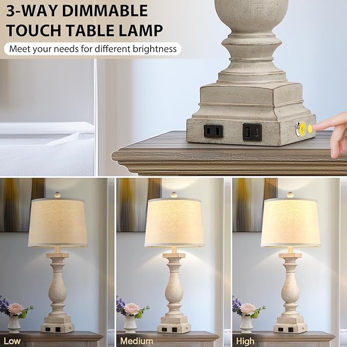 28" Tall Farmhouse Table Lamps with USB C+A Ports and AC Outlet, 3 Way Touch Control Rustic Bedside Lamps for Bedroom, Beige Vintage Nightstand Lamps for Living Room Office
