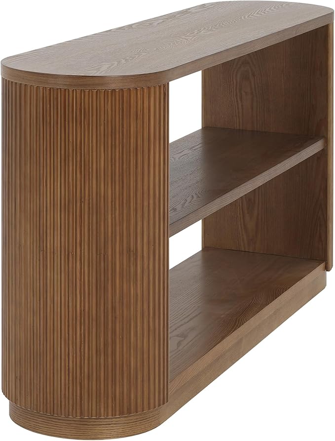 Modern Curved Console Table 59-Inch Oval Fluted Entry Sofa Table with Open Storage Shelves for Living Room Entryway Hallway Furniture, Brown