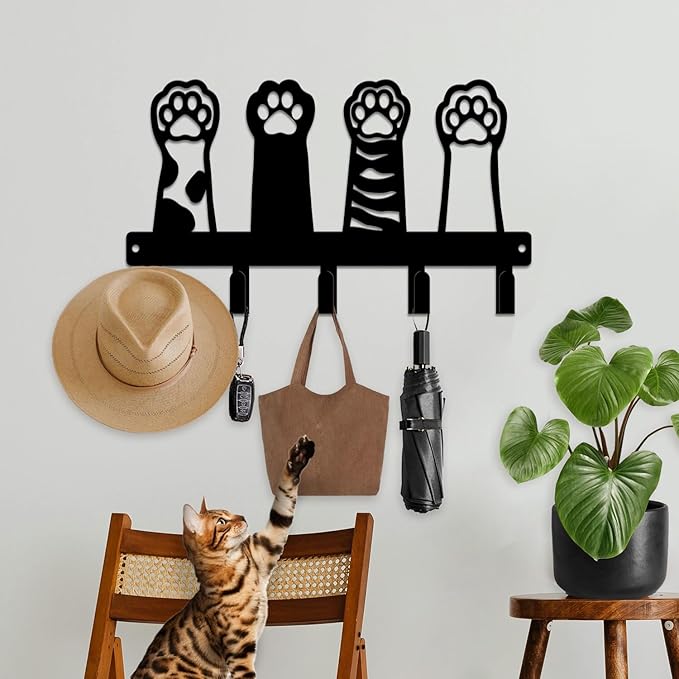 magilab Cat-Themed 10-Inch Iron Key Hooks with 5 Hooks, Black Wall Organizer - Cute Cat Design for Home Decor, No Drill & Screw-in Options (Style C)