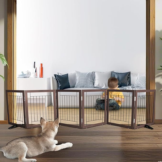 ZJSF Freestanding Dog Gate Indoor, Foldable Dog Fence for Doorways,Hallways or Stairs, Sturdy Wood Extra Wide Pet Gate with Support Feet,Brown,24 "Height-6 Panels