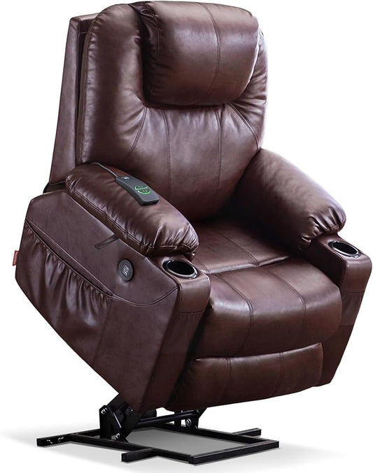 MCombo Electric Power Lift Recliner Chair Sofa with Massage and Heat for Elderly, 3 Positions, 2 Side Pockets, and Cup Holders, USB Ports, Faux Leather 7040 (Dark Brown, Medium)
