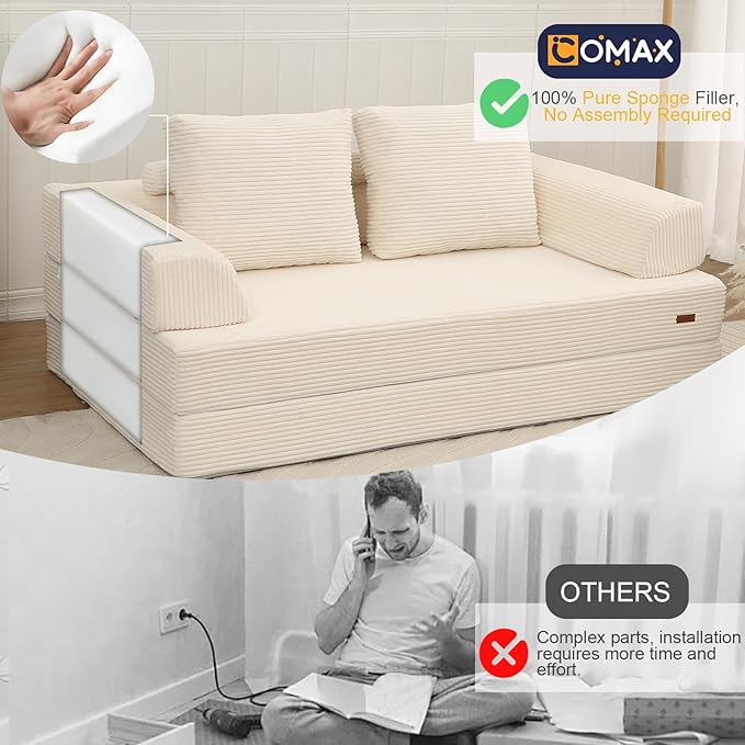 COMAX Convertible Sofa Bed, Folding Floor Couch Corduroy Fold Out Couch Bed Futon Sleeper Mattress with Pillows, Boneless Sofa Comfy Lounge Loveseat for Living Room Bedroom, Beige