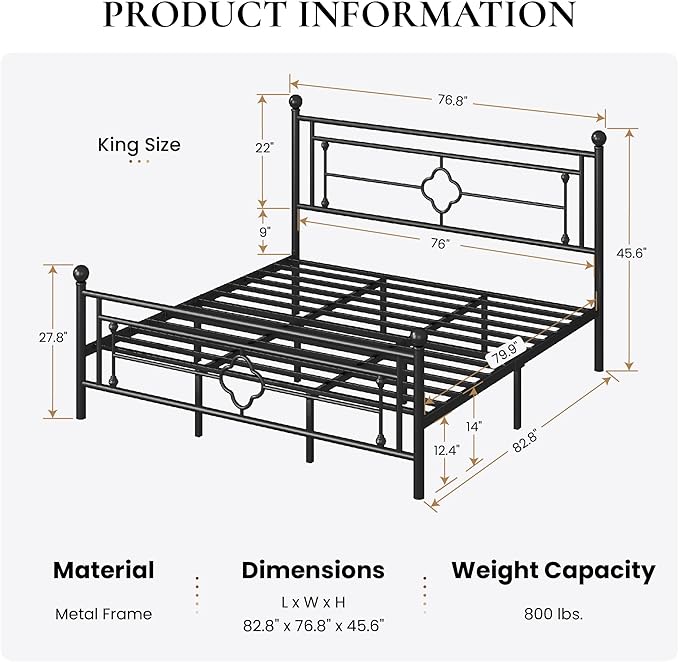SHA CERLIN 14 Inches King Size Metal Platform Bed Frame/Vintage Iron-Art Headboard and Footboard/Mattress Foundation for Storage/No Box Spring Needed/Noise-Free/Easy Assembly/Black