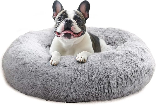 JOLLYVOGUE Medium Calming Dog Bed, Anti-Anxiety Donut Cuddler Cat Bed with Anti-Slip Bottom, Fluffy Faux Fur Machine Washable Pet Cushion for Medium Dog & Cat, 27"/Smoke Gray