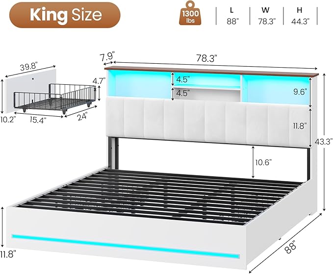 AOGLLATI King Size Bed Frame with 4 Storage Drawers, White King Bed Frame Wood with Charging Station (Type-C and USB), Led Light and Hidden Bookcase Headboard, White