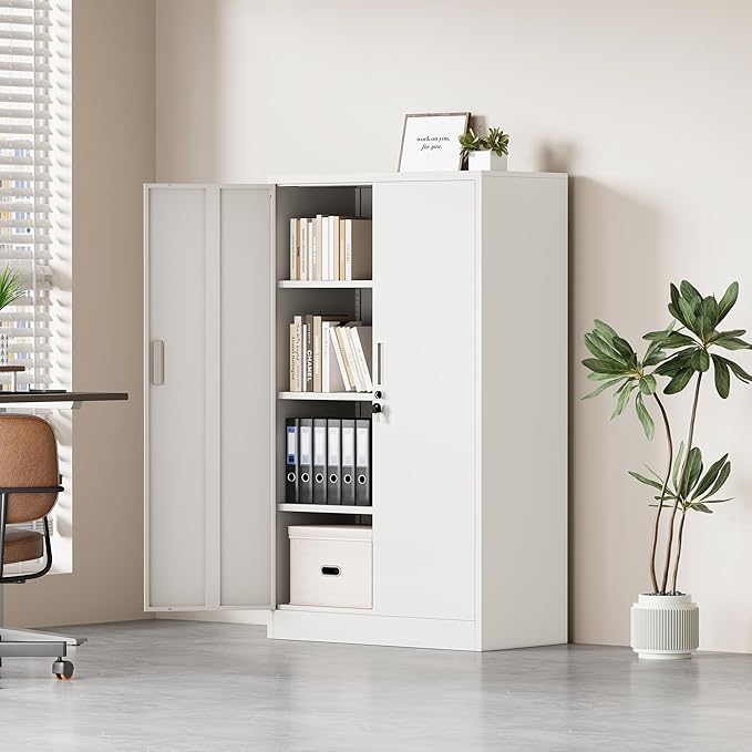 Metal Storage Cabinet with Locking Doors and 3 Adjustable Shelves, Lockable Storage Cabinets for Home Office Garage Kitchen Pantry (White)