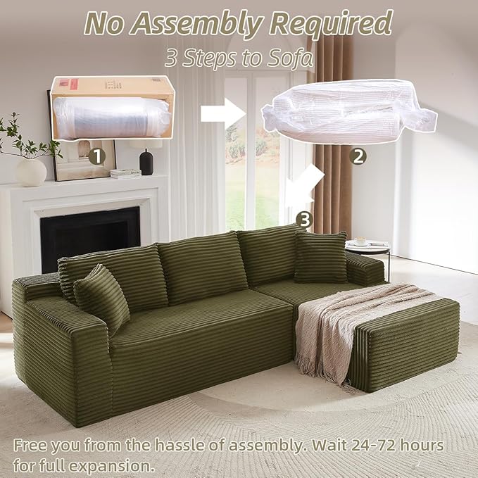 104 Inch Cloud Sectional Couch with L-Shape Chaise,Modern Boneless Couches with Deep Seat,Corduroy Sponge Compressed Sofa for Living Room, Bedroom,No Assembly Required (Green, Right Facing Chaise)