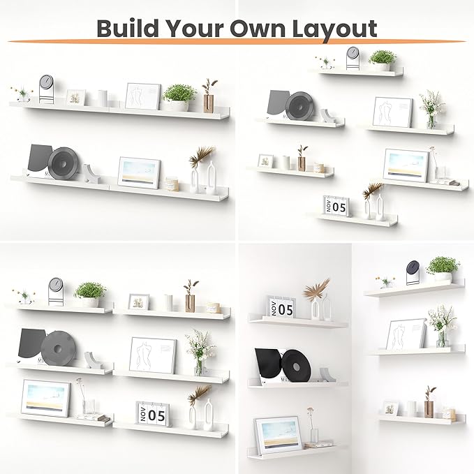 upsimples Floating Shelves for Wall, 23.6 Inch Shelves for Decor Storage Set of 6, Wall Mounted Wood Shelf for Bedroom, Living Room, Bathroom, Kitchen, Long Picture Ledge Shelves, White