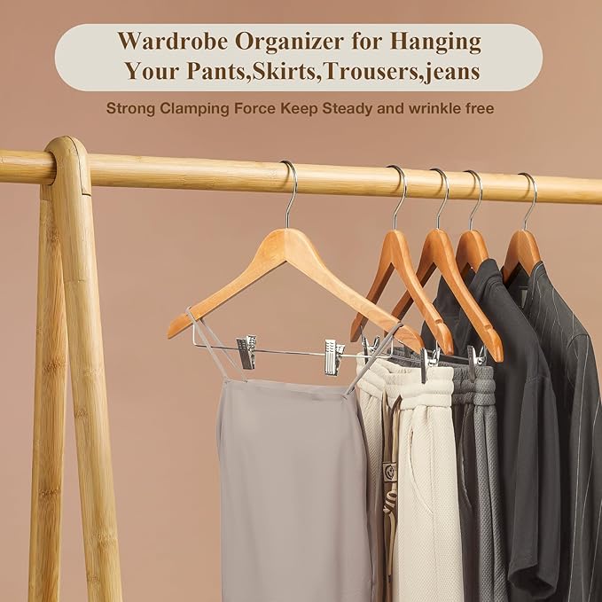 Wooden Hangers with Adjustable Heavy Duty Clips - 24 Pack Pants, Skirt, Jeans, Slacks, Shorts Hangers (Natural)