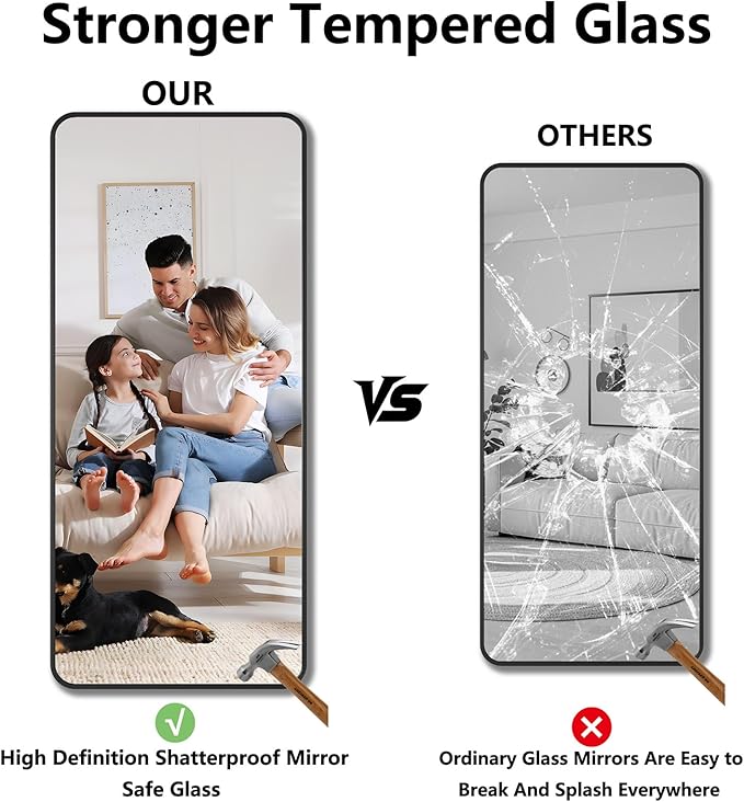 Koonmi Bathroom Mirror, 32X72 Brushed Black Rectangle Wall Mirror, HD Tempered Glass, Anti-Rust Frame Vanity Mirror, Rounded Rectangle Mirror for Restroom, Bedroom, Hangs Horizontal or Vertical