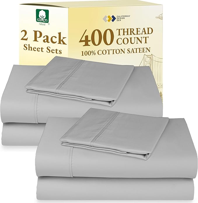 2-Pack Twin XL Sheet Set Cotton - 400 Thread Count 100% Cotton Sateen - Extra Soft, Breathable & Cooling Sheets, Wrinkle Resistant twin XL Sheet Sets, 2 Sets of Deep Pocket Bed Sheets - Light Grey