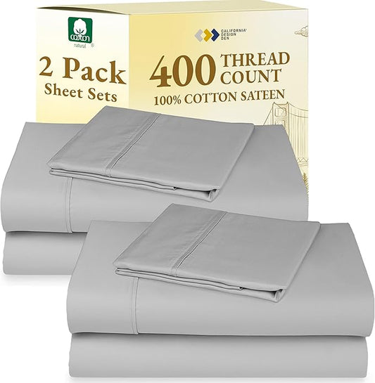 2-Pack Twin XL Sheet Set Cotton - 400 Thread Count 100% Cotton Sateen - Extra Soft, Breathable & Cooling Sheets, Wrinkle Resistant twin XL Sheet Sets, 2 Sets of Deep Pocket Bed Sheets - Light Grey