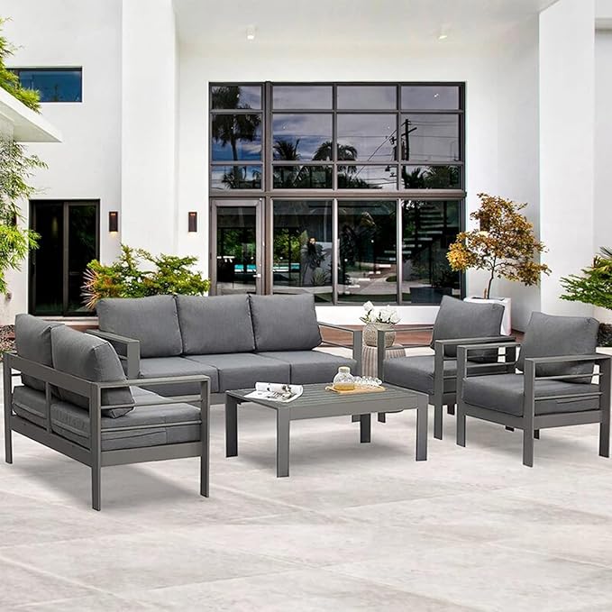 Wisteria Lane Aluminum Outdoor Patio Furniture Set,7 Seats Modern Patio Conversation Sets, Outdoor Sectional Metal Sofa with 5 Inch Cushion and Coffee Table for Balcony, Garden, Dark Grey