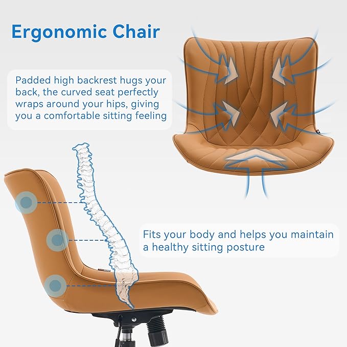 YOUNIKE Office Chair, Armless Desk Chair with Wheels, Adjustable Swivel Home Office Computer Task Chairs, Modern Faux Leather Upholstered Vanity Chair with Back, Saffron Tan