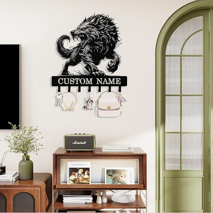 Personalized Wolf Key Holder Wall Mount, Custom Metal Keys Hanger for Wall with Name, Custom Key Rack Holder with Hooks for Home, Entryway, Front Door, Living Room, Kitchen, Bathroom