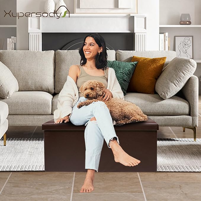 30 Inches Folding Storage Ottoman Bench, Faux Leather Footstool Ottoman, Storage Trunk Footrest for Bedroom, Living Room and Hallway, Support 350lbs, Brown(Brown line)