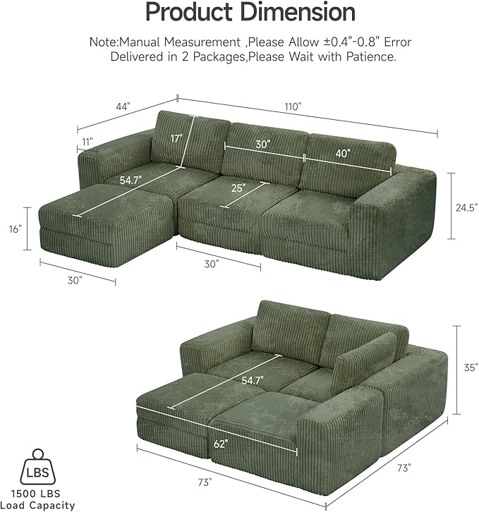 ONBRILL 110" Modular Sectional Sofa, L Shaped Couch 4 Seater with Sleeper Chaise, Sectional Couch with Deep Seat,Upholstered Corduroy Cloud Couches for Living Room,Bedroom,No Assembly Required,Green