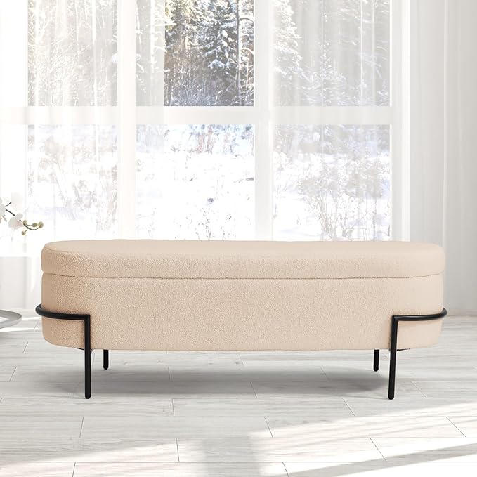 Sherpa Storage Ottoman Bench for Bedroom, Beige End of Bed Bench with Storage, Upholstered Boucle Storage Bench with Metal Stand and Hinges, Oval Ottoman for Living Room, 52 Inch