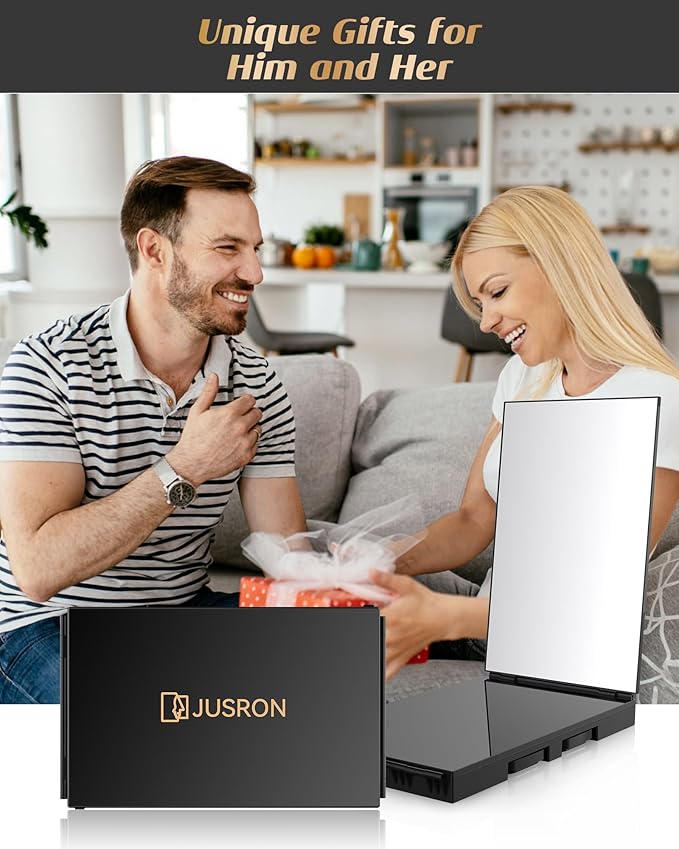 JUSRON 360 Viewing Angle Self Hair Cutting Mirror, Clear Anti-Fog HD Glass (Black with LED with Accessories)
