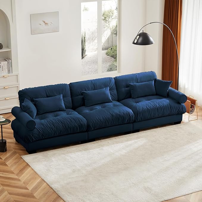 130" Oversized 3 Seater Modular Sectional Sofa, Blue Large Sectional Couch for Living Room, Velvet Cloud Couch with 5 Pillows, Deep Seat Sofa