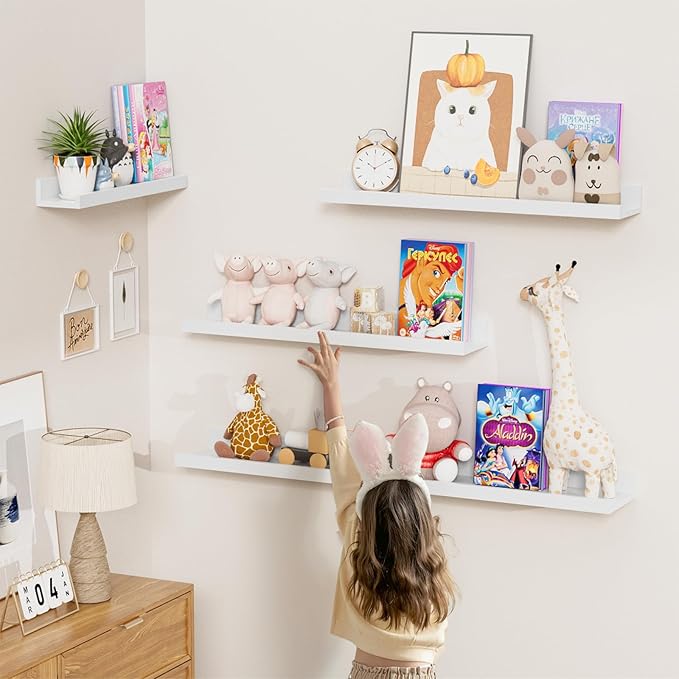 Heimlove Floating Shelves Set of 6, 24" Wall Mounted Picture Ledge, Display Shelf Organizer for Decor Storage, Wall Mounted Shelves for Living Room, Bedroom, Bathroom, Kitchen (White)