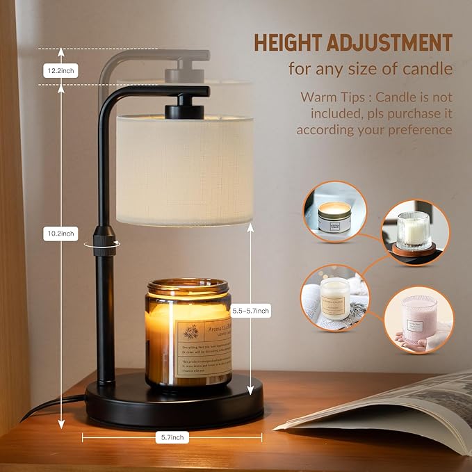 Dexnump Candle Warmer Lamp with Timer, Dimmable Candle Wax Warmer with 2 Light Bulbs, Height Adjustable Electric Candle Lamp for Scented Candles, Home Room Decor, Gifts for Women Mom (White)