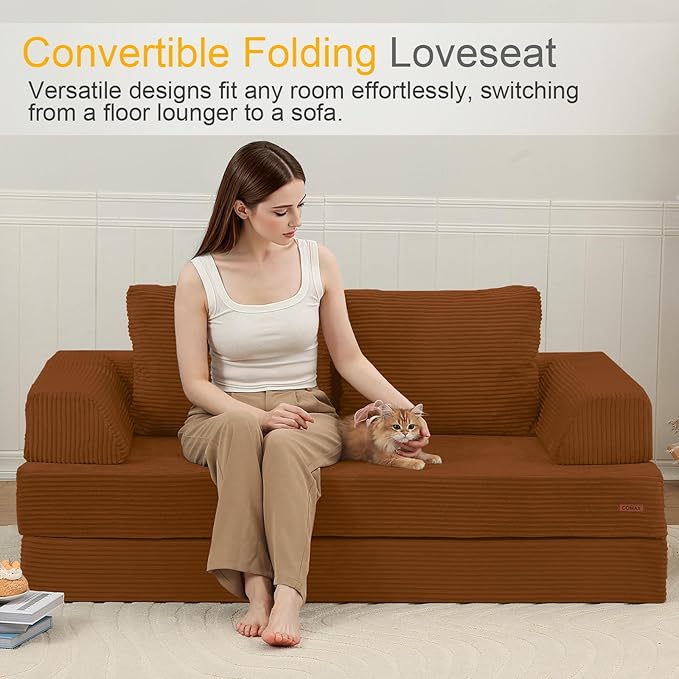 COMAX Convertible Sofa Bed, Folding Floor Couch Corduroy Fold Out Couch Bed Futon Sleeper Mattress with Pillows, Boneless Sofa Comfy Lounge Loveseat for Living Room Bedroom, Orange