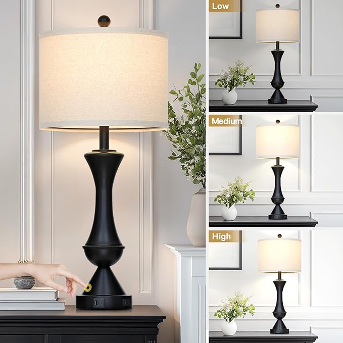 29" Black Tall Table Lamps for Living Room, Touch Control Bedroom Lamp with USB A+C Ports, 3-Way Dimmable Bedside Table Lamps Set of 2, Modern Metal Lamp for Nightstand
